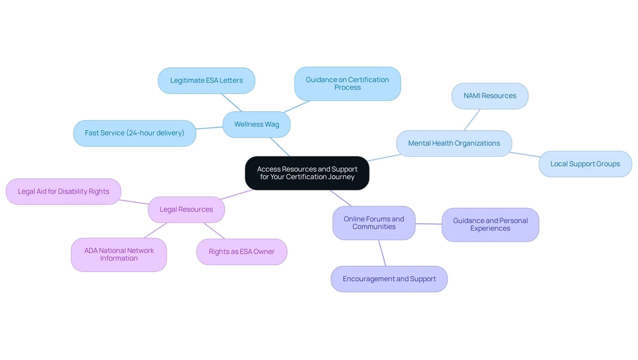 The center represents the main theme of accessing resources, while the branches show different types of support available. Each branch leads to more specific information about the resources, making it easy to understand how to navigate the certification process. The center represents the main theme of accessing resources, while the branches show different types of support available. Each branch leads to more specific information about the resources, making it easy to understand how to navigate the certification process.