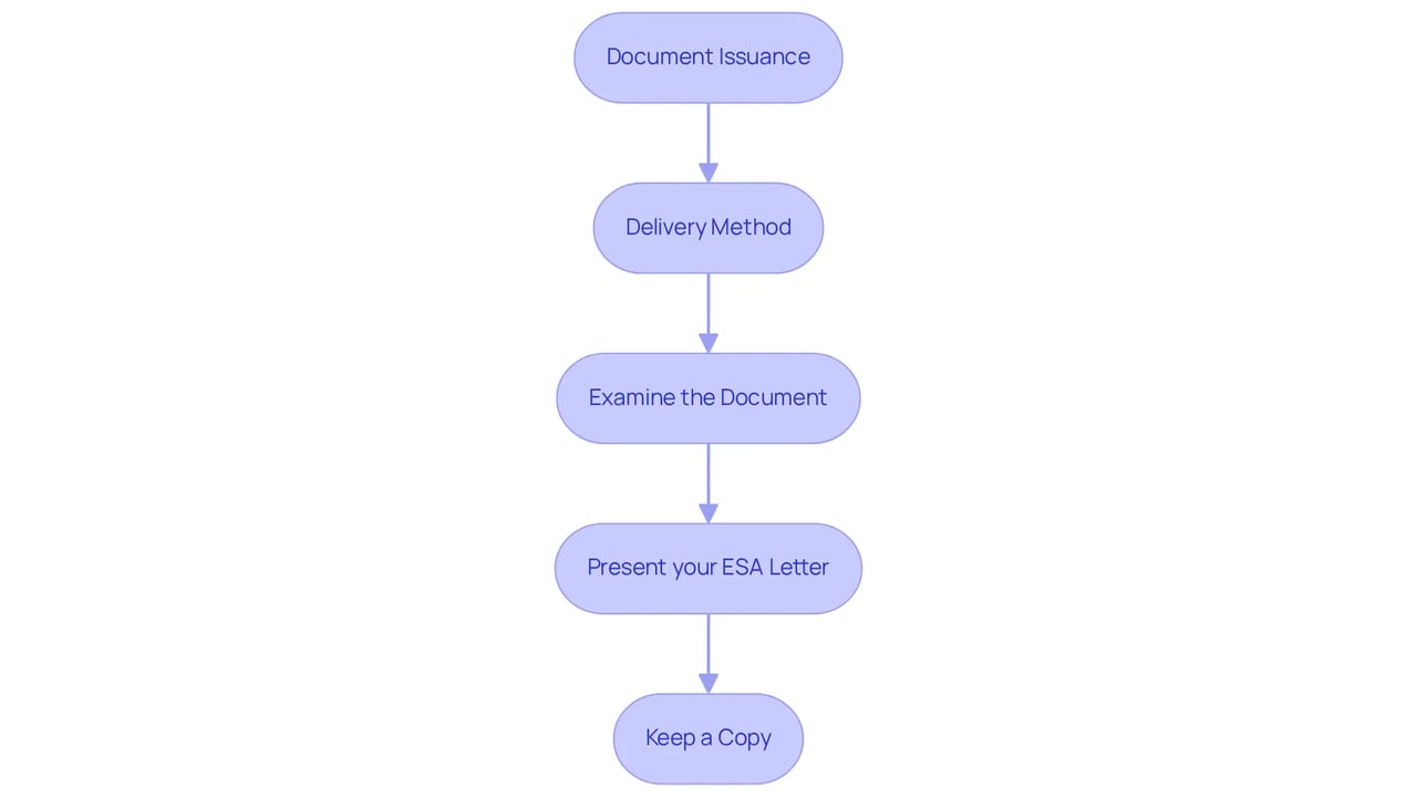 Follow the arrows to understand each step in obtaining your ESA letter: from getting it issued, how you'll receive it, checking its details, using it for housing or travel, and finally, keeping a safe copy.