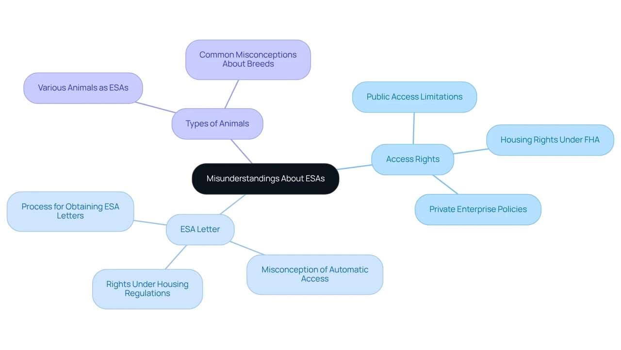 The center node represents the main topic. Each branch explores different misconceptions and facts about ESAs. The colors help separate ideas, and the sub-branches provide specific details to enhance understanding.