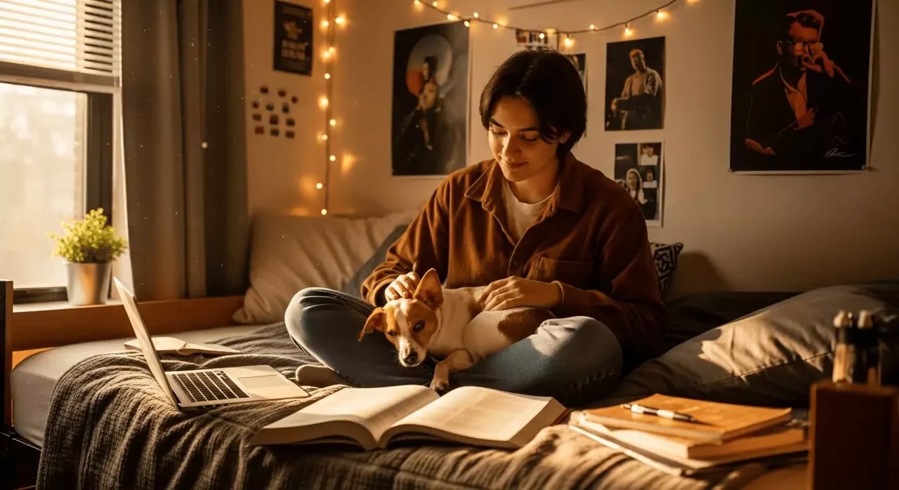 student in dorm with esa