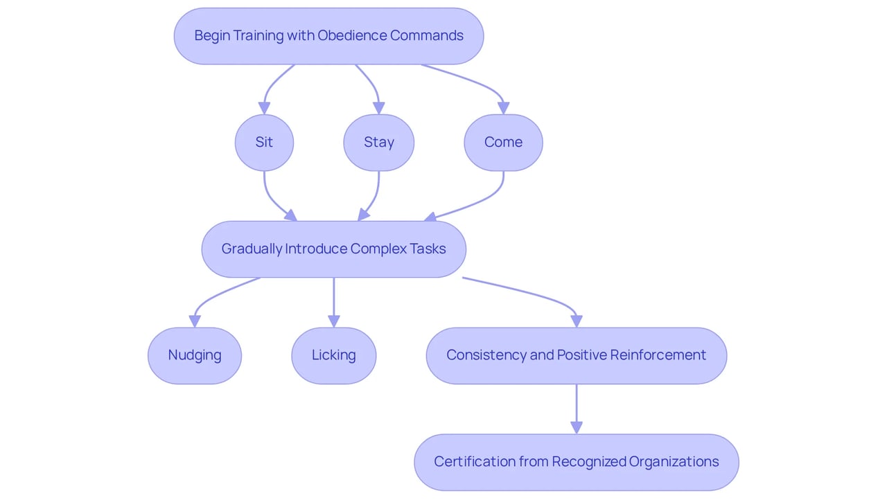 Follow the arrows to see each step in training your service dog — starting with basic commands, moving to complex tasks, and understanding the importance of consistency and certification.