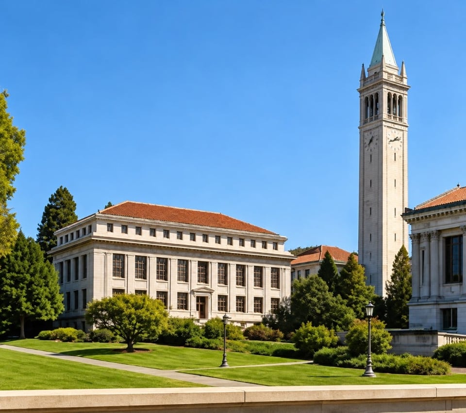 UC Berkeley campus with the Campanile clock tower and stone buildings under a clear blue sky