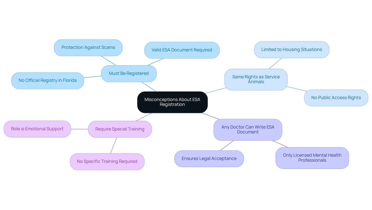 At the center, you'll find the main topic. Each branch represents a myth, and the sub-branches provide the facts that clarify these misconceptions. This layout helps you understand the truth behind emotional support animals and their registration requirements.