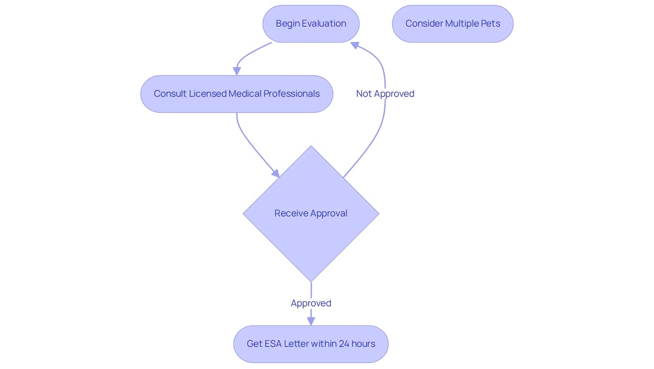 Follow the arrows to see the steps involved in getting an ESA letter. Each box represents a stage in the process, making it easy to understand what to expect.