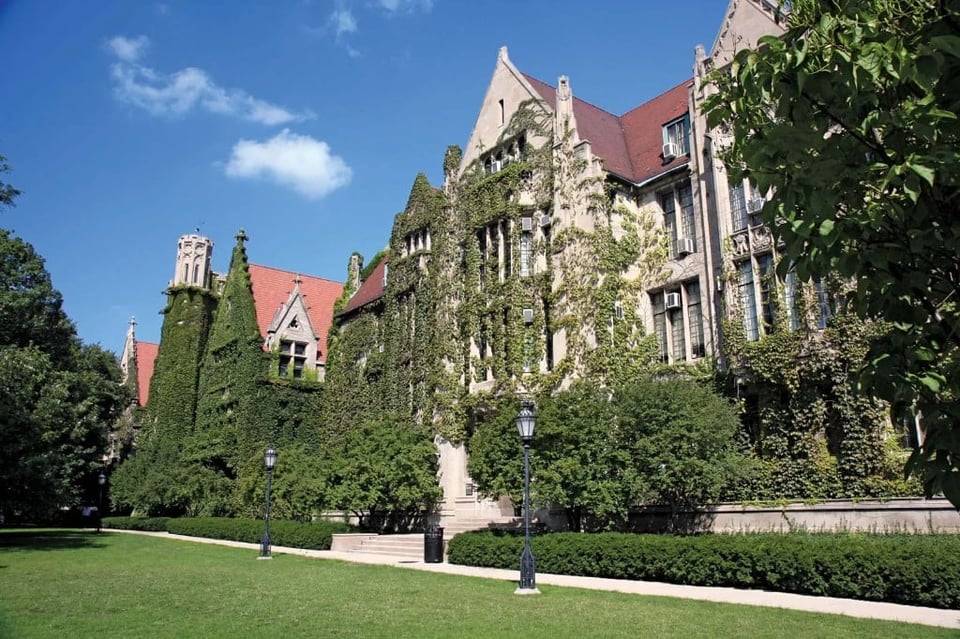 University of Chicago ivy-covered Gothic stone building on a sunny campus lawn