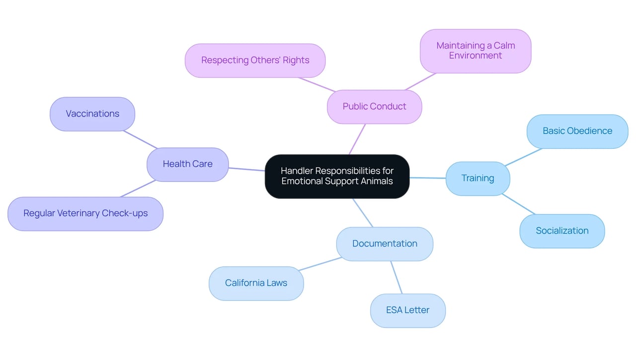 The central node represents the overall responsibilities of ESA handlers, while the branches and sub-branches illustrate the specific areas they must focus on to ensure the well-being of their animals and the comfort of those around them.