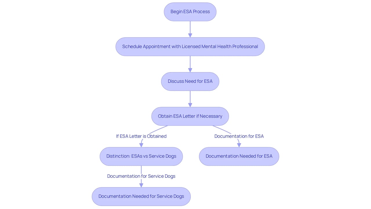 Follow the arrows to see the steps you need to take to get an ESA. The main boxes show actions you must complete, while the side boxes give you extra information about ESAs and service dogs.