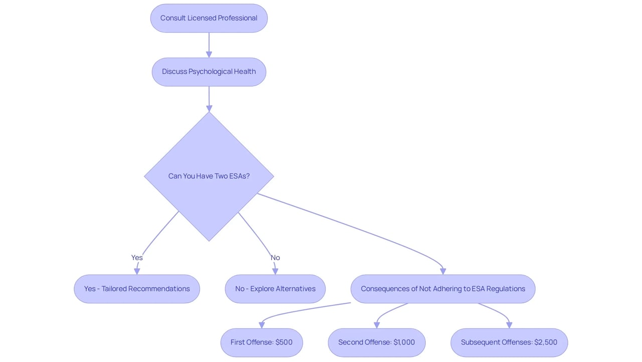 This flowchart guides you through the steps of consulting a licensed professional for emotional support animals. Follow the arrows to see how each part of the consultation leads to important decisions and outcomes.