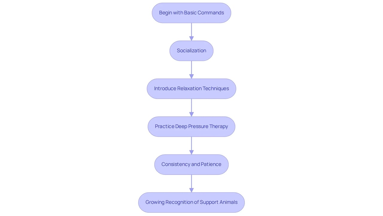 Each box represents a stage in the training journey. Follow the arrows to see how to progress from one step to the next, ensuring a comprehensive training experience for your emotional support animal. Each box represents a stage in the training journey. Follow the arrows to see how to progress from one step to the next, ensuring a comprehensive training experience for your emotional support animal.
