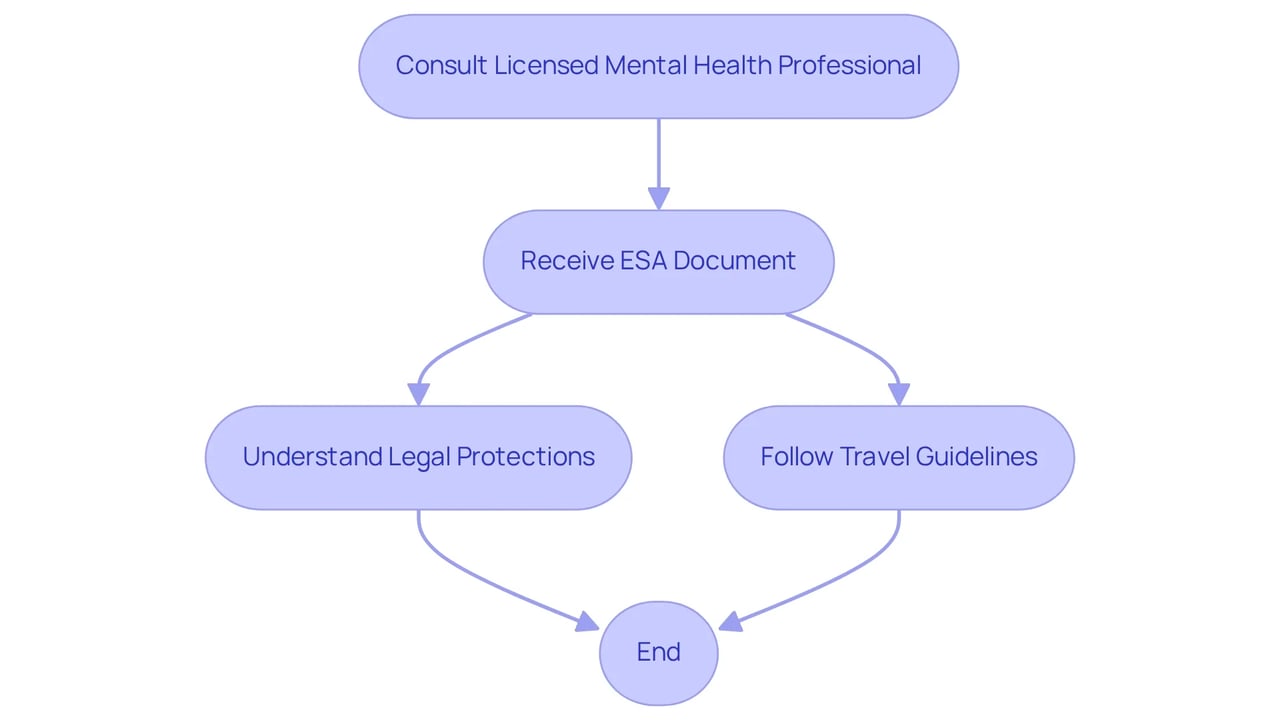 This flowchart shows the journey to getting your ESA registration. Start with consulting a professional, then follow the steps to receive your documents and understand your rights and travel options.