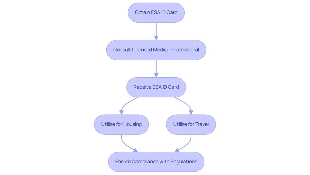 Follow the arrows to understand the steps needed to obtain an ESA ID card and how it can be used in housing and travel situations. Each box represents an important stage in the process.