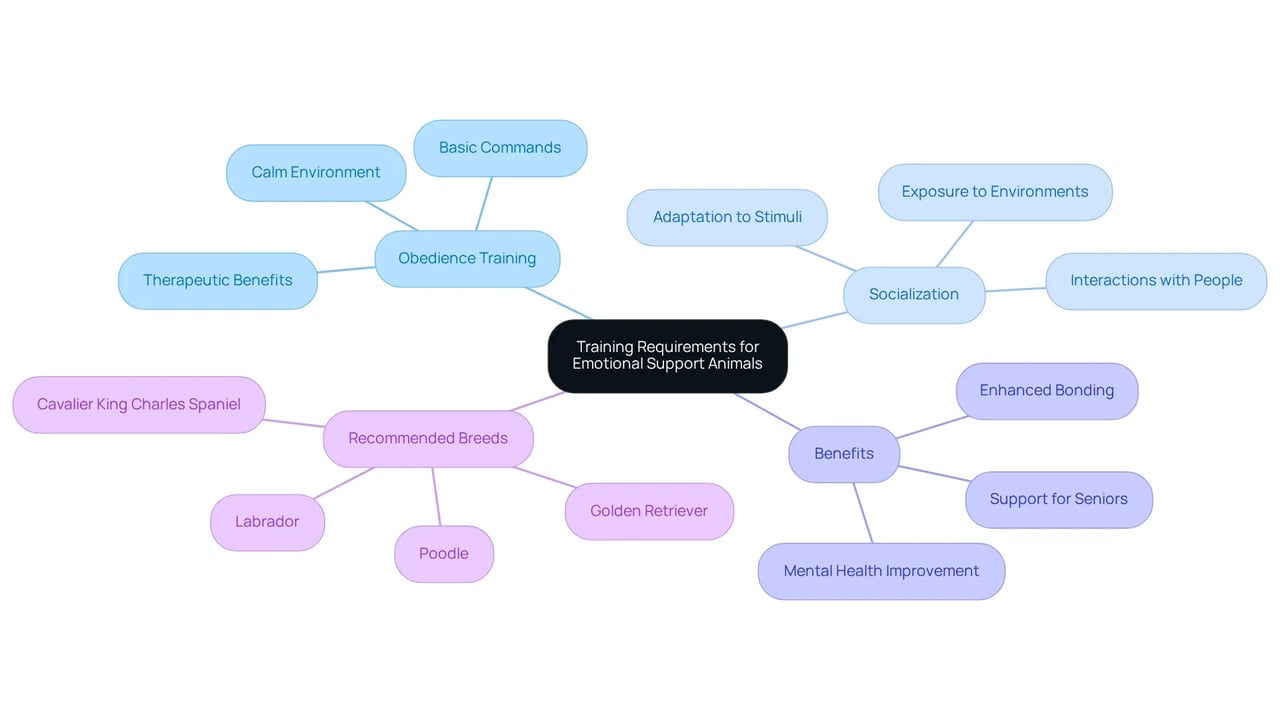 The central idea is the training requirements, with branches showing different aspects of training, benefits, and suitable breeds. Each branch highlights how these factors contribute to the effectiveness of emotional support animals.