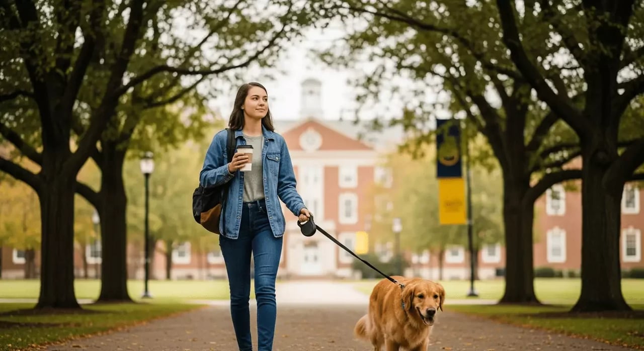 student walking on campus with esa