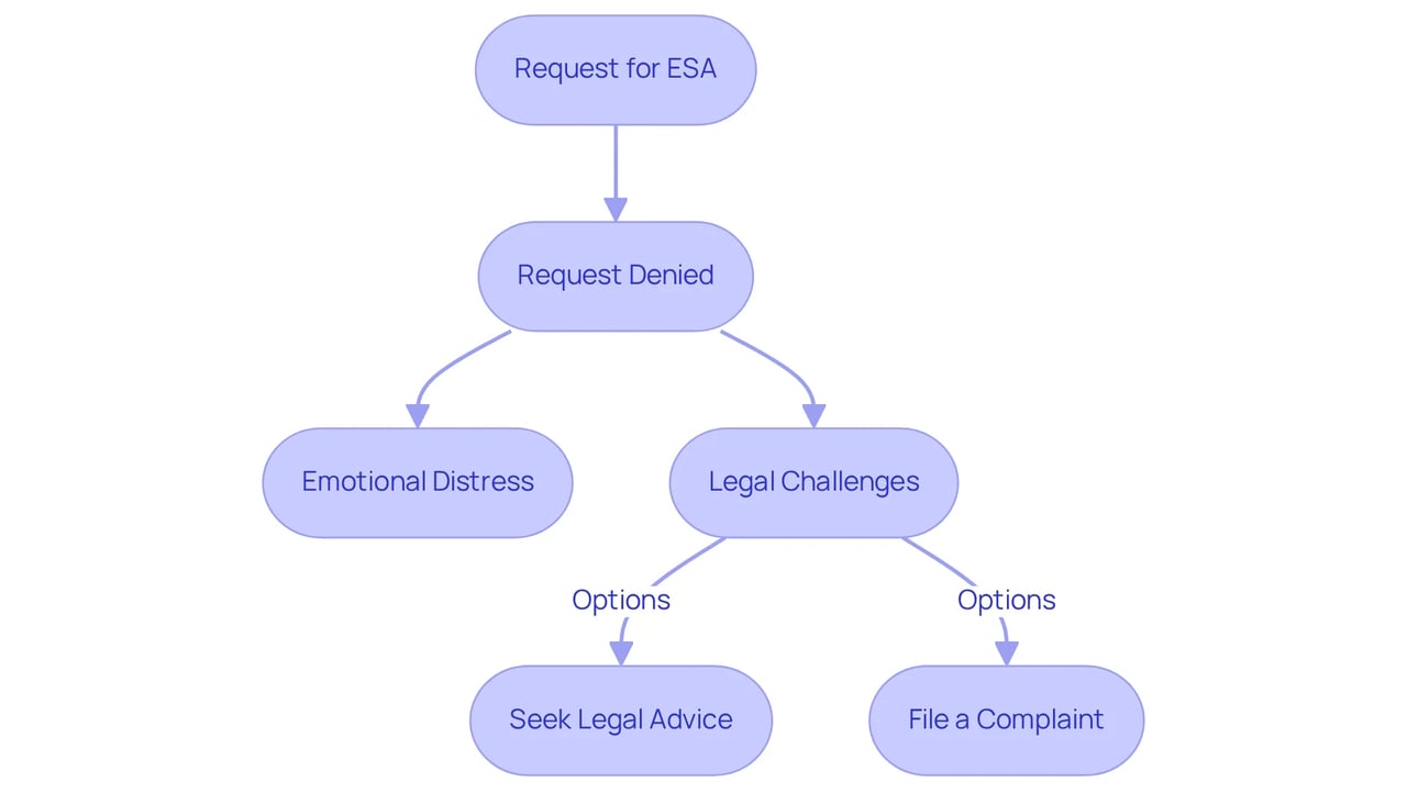 The flowchart starts with the tenant's initial request for an emotional support animal. If denied, it leads to emotional distress and potential legal challenges, showing the steps tenants might take in response. Each box represents a significant stage in their journey. The flowchart starts with the tenant's initial request for an emotional support animal. If denied, it leads to emotional distress and potential legal challenges, showing the steps tenants might take in response. Each box represents a significant stage in their journey.