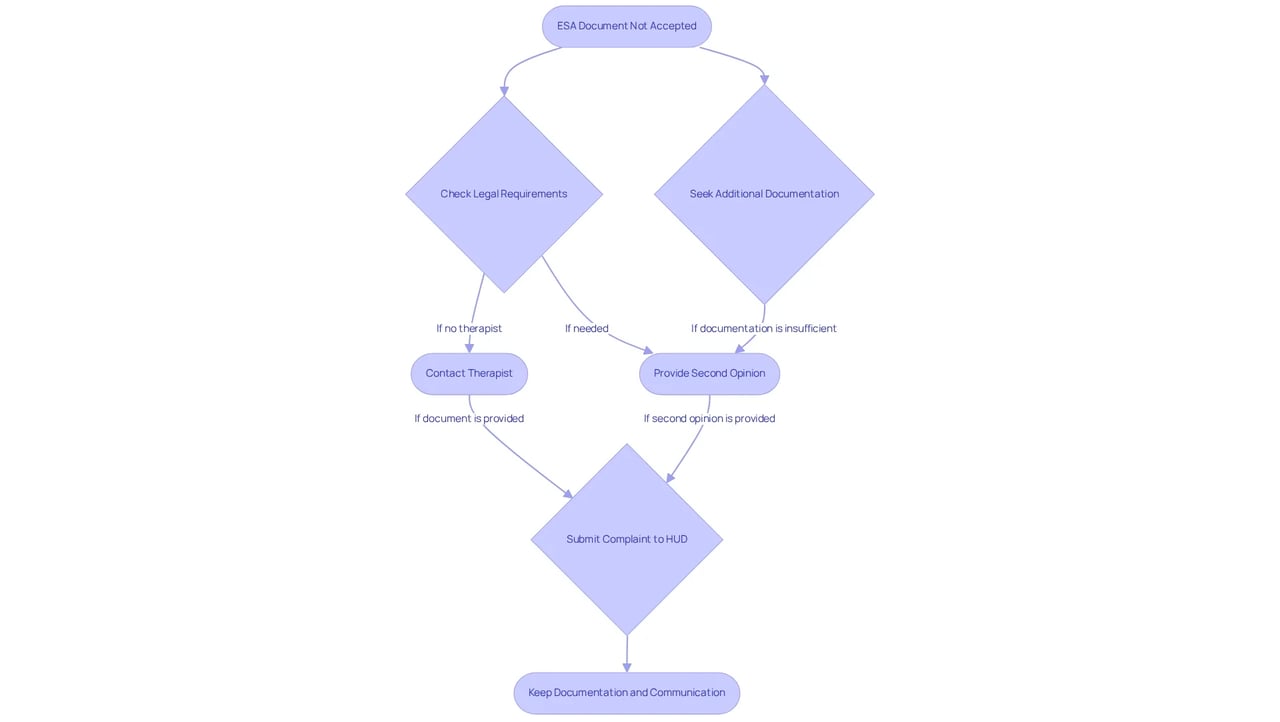 This flowchart guides you through what to do if your ESA document is denied. Follow the arrows to see each step and the options available to help resolve your situation.