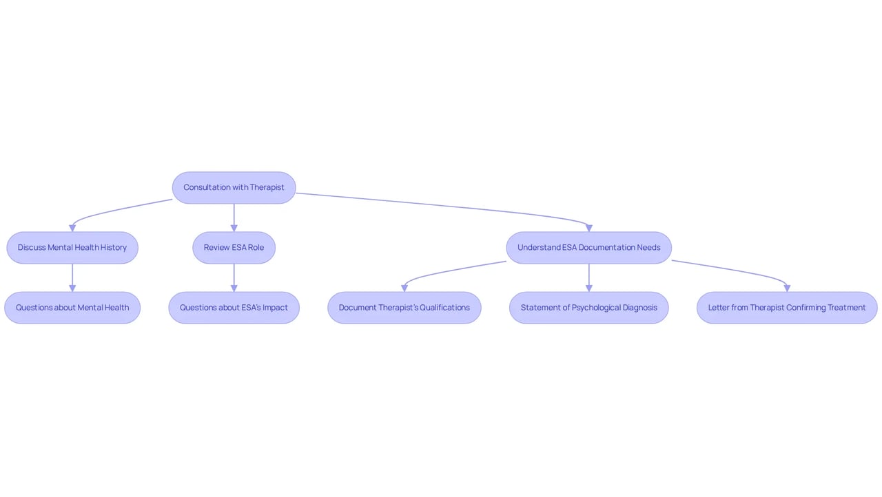Each box represents a part of the consultation journey — follow the arrows to understand how the conversation with your therapist flows and what details are important for your ESA letter. Each box represents a part of the consultation journey — follow the arrows to understand how the conversation with your therapist flows and what details are important for your ESA letter.